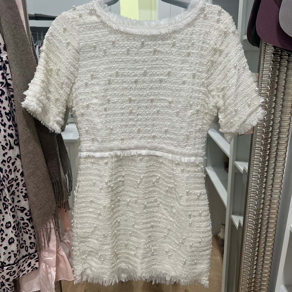 White Tweed Dress with Pearls